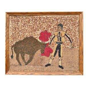 Signed Seed Art Bullfighter Scene By Dawn Von Stempka  17x22  Wood Frame VTG 70s